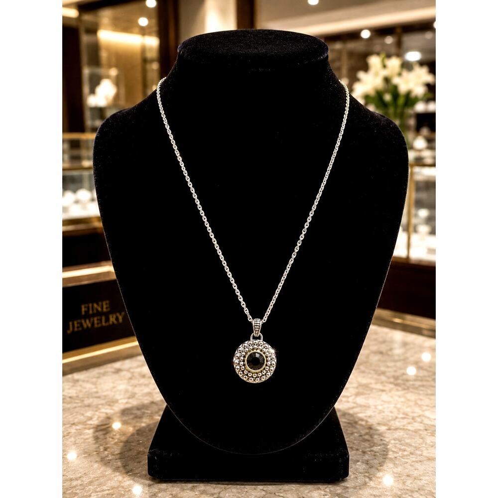 Vintage Napier Silver Tone Black Stone Pendant Necklace Beaded Halo Signed